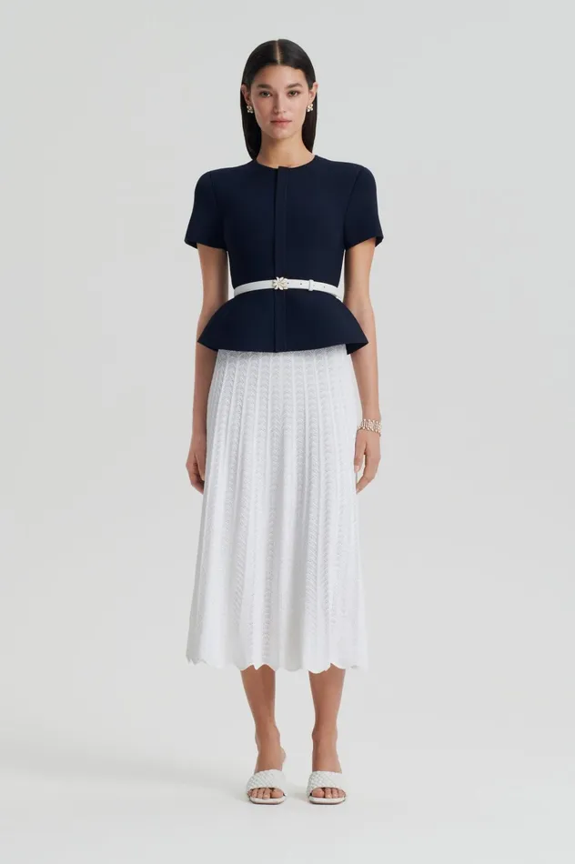 Women Scanlan Theodore Jackets CREPE KNIT SHORT SLEEVE PEPLUM JACKET Navy