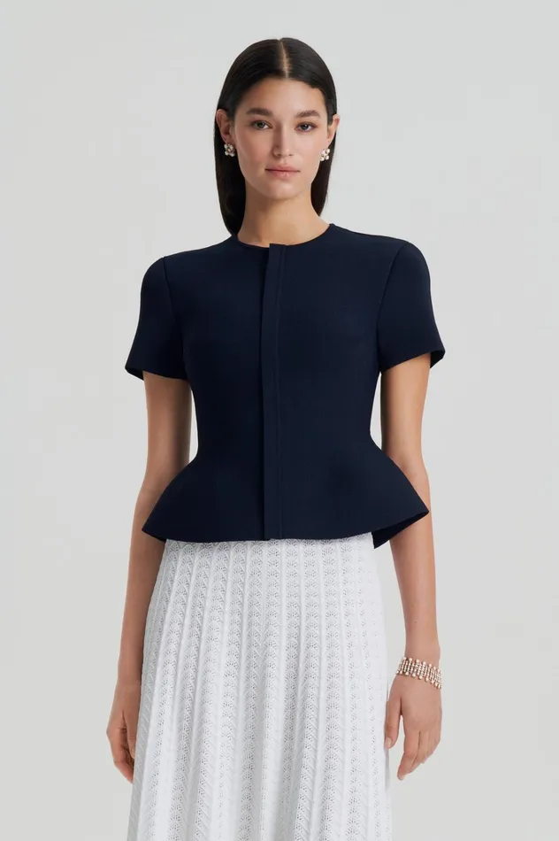 Women Scanlan Theodore Jackets CREPE KNIT SHORT SLEEVE PEPLUM JACKET Navy Women Scanlan Theodore Jackets CREPE KNIT SHORT SLEEVE PEPLUM JACKET Navy