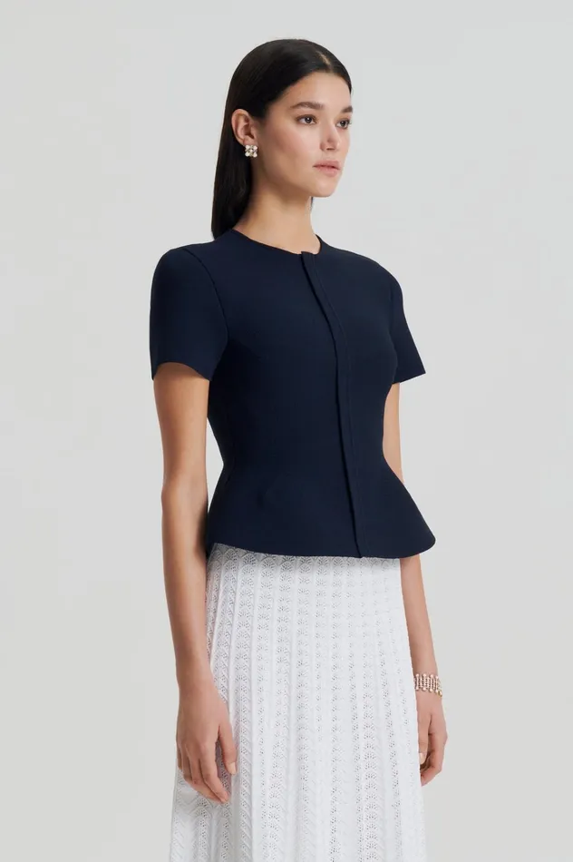 Women Scanlan Theodore Jackets CREPE KNIT SHORT SLEEVE PEPLUM JACKET Navy Women Scanlan Theodore Jackets CREPE KNIT SHORT SLEEVE PEPLUM JACKET Navy