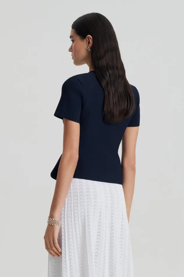 Women Scanlan Theodore Jackets CREPE KNIT SHORT SLEEVE PEPLUM JACKET Navy Women Scanlan Theodore Jackets CREPE KNIT SHORT SLEEVE PEPLUM JACKET Navy