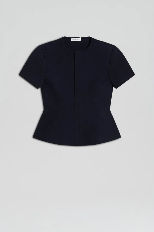 Women Scanlan Theodore Jackets CREPE KNIT SHORT SLEEVE PEPLUM JACKET Navy Women Scanlan Theodore Jackets CREPE KNIT SHORT SLEEVE PEPLUM JACKET Navy