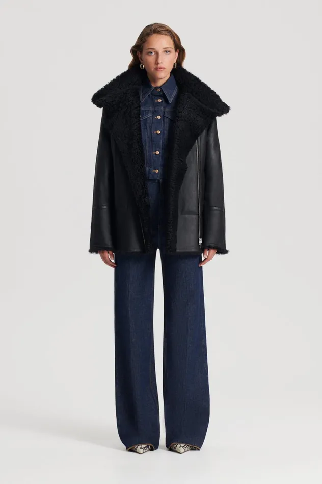Women Scanlan Theodore Leather SHEARLING TRAPEZE JACKET Black
