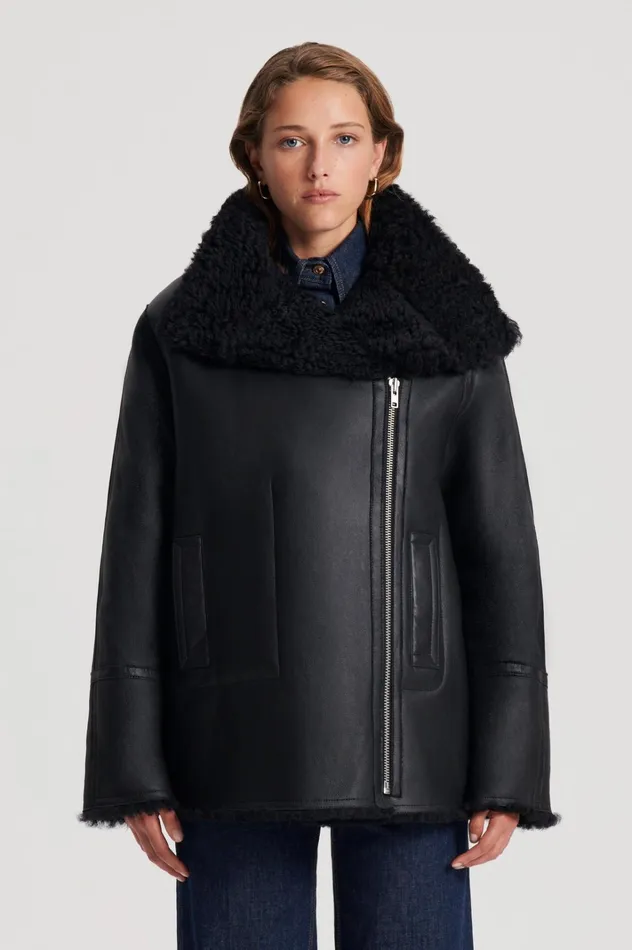 Women Scanlan Theodore Leather SHEARLING TRAPEZE JACKET Black Women Scanlan Theodore Leather SHEARLING TRAPEZE JACKET Black