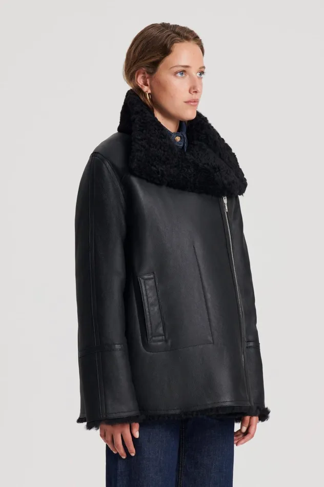 Women Scanlan Theodore Leather SHEARLING TRAPEZE JACKET Black Women Scanlan Theodore Leather SHEARLING TRAPEZE JACKET Black