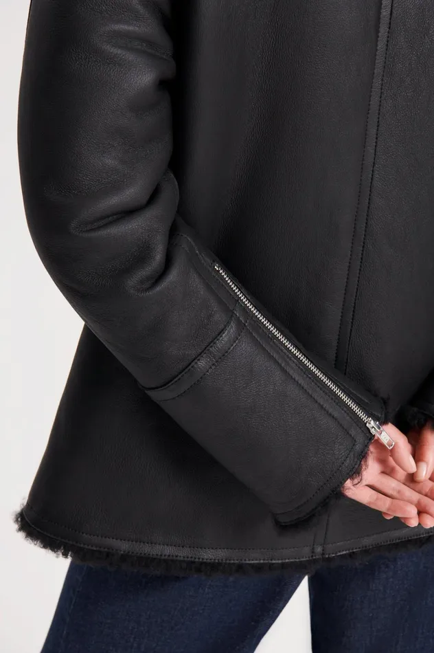 Women Scanlan Theodore Leather SHEARLING TRAPEZE JACKET Black Women Scanlan Theodore Leather SHEARLING TRAPEZE JACKET Black