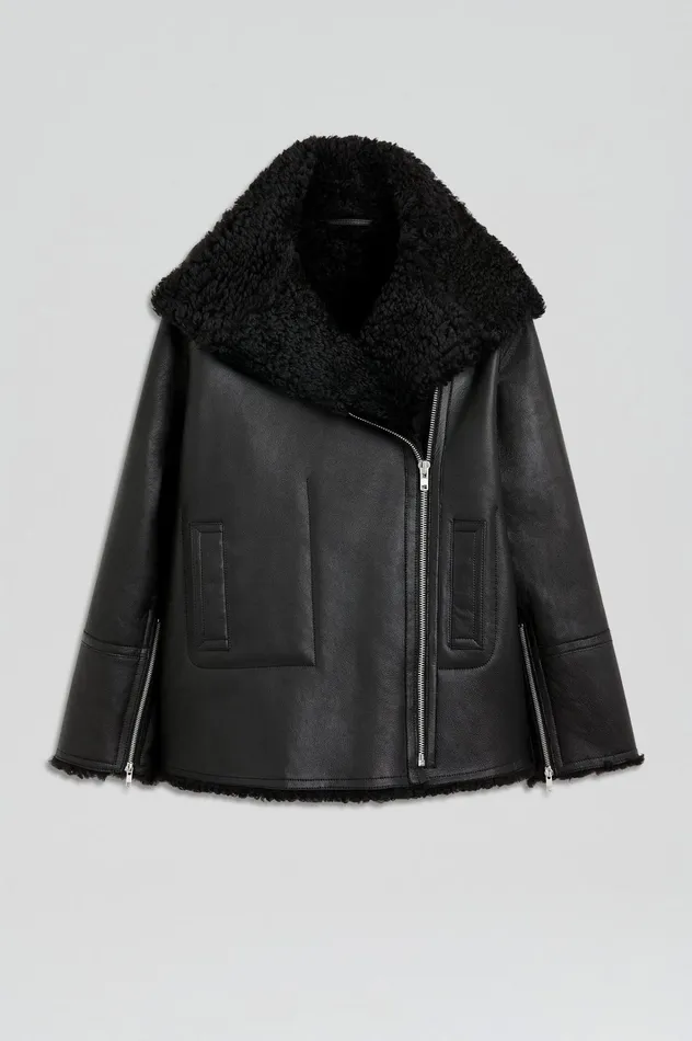 Women Scanlan Theodore Leather SHEARLING TRAPEZE JACKET Black Women Scanlan Theodore Leather SHEARLING TRAPEZE JACKET Black
