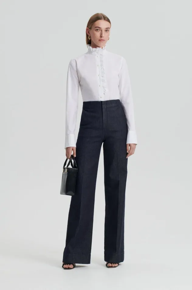Women Scanlan Theodore Shirts PARACHUTE RUFFLE TRIM SHIRT White