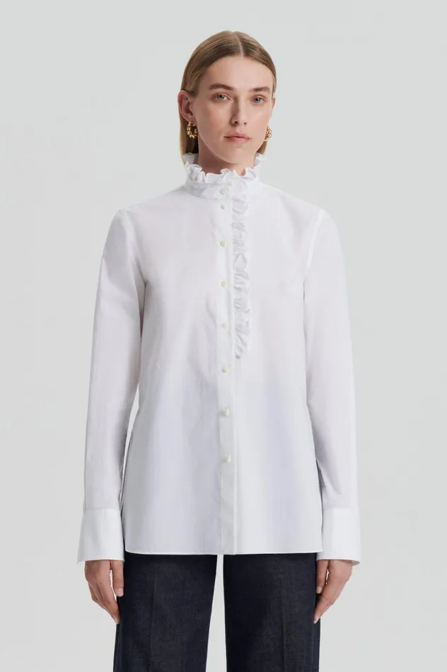 Women Scanlan Theodore Shirts PARACHUTE RUFFLE TRIM SHIRT White Women Scanlan Theodore Shirts PARACHUTE RUFFLE TRIM SHIRT White