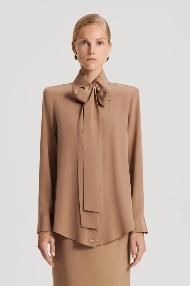 Women Scanlan Theodore Shirts SILK SHOULDER PAD SHIRT Camel Women Scanlan Theodore Shirts SILK SHOULDER PAD SHIRT Camel