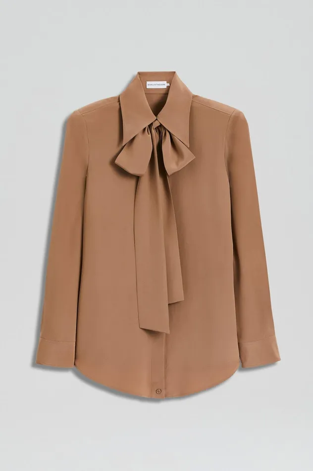 Women Scanlan Theodore Shirts SILK SHOULDER PAD SHIRT Camel Women Scanlan Theodore Shirts SILK SHOULDER PAD SHIRT Camel