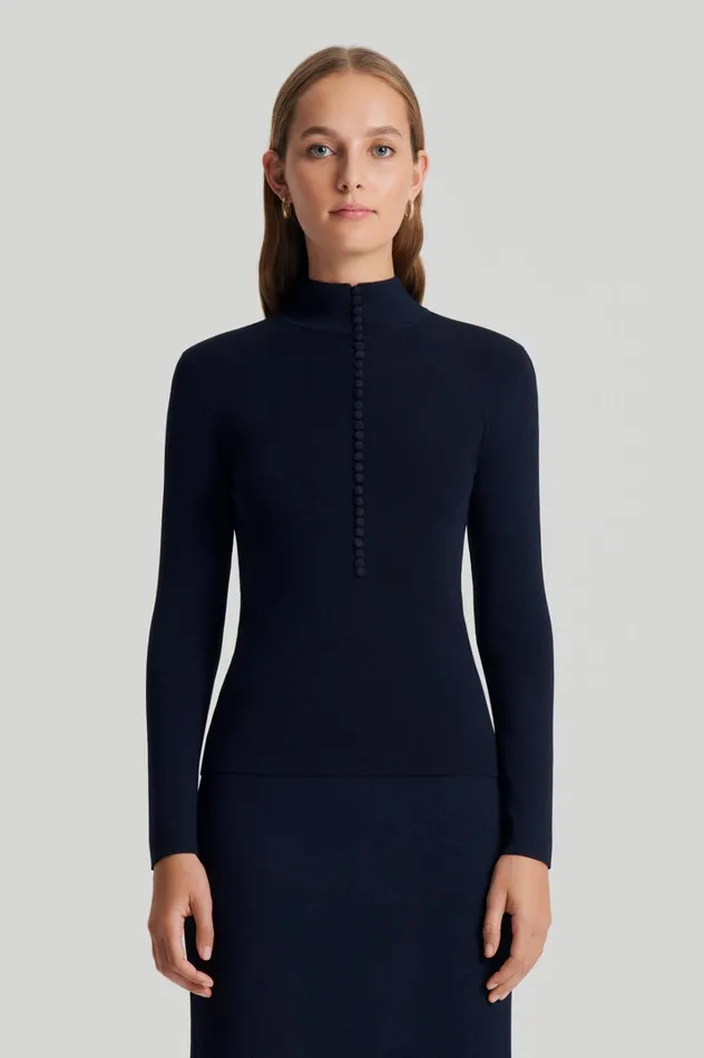 Women Scanlan Theodore Sweaters CREPE KNIT BUTTON POLO SWEATER Navy Women Scanlan Theodore Sweaters CREPE KNIT BUTTON POLO SWEATER Navy