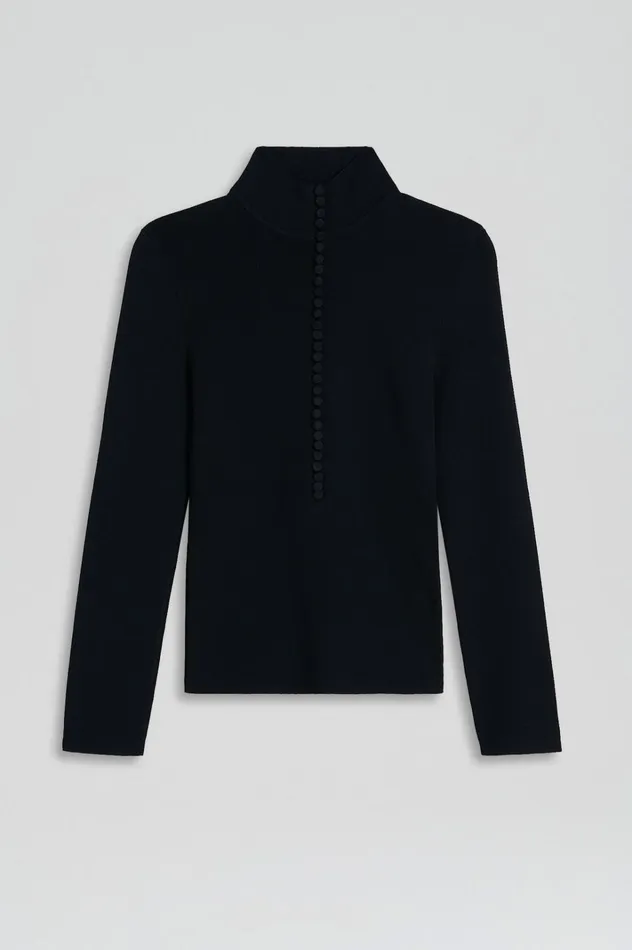 Women Scanlan Theodore Sweaters CREPE KNIT BUTTON POLO SWEATER Navy Women Scanlan Theodore Sweaters CREPE KNIT BUTTON POLO SWEATER Navy