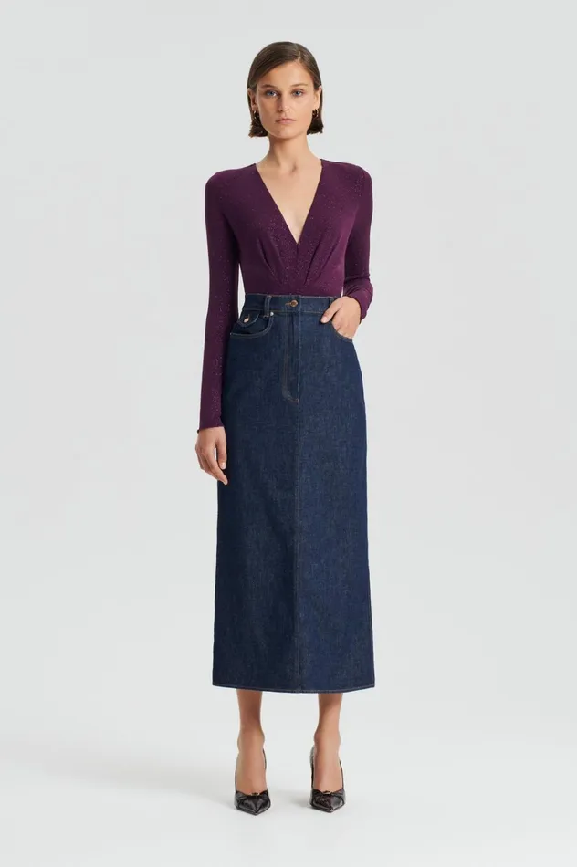 Women Scanlan Theodore Tops TINSEL DRAPE BODYSUIT Aubergine
