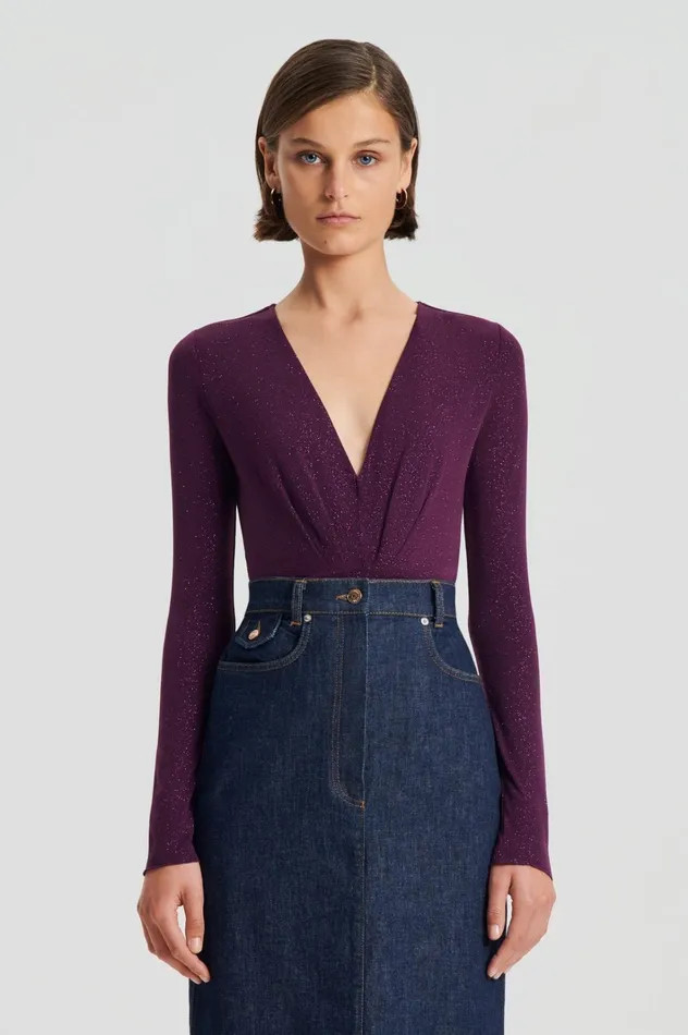 Women Scanlan Theodore Tops TINSEL DRAPE BODYSUIT Aubergine Women Scanlan Theodore Tops TINSEL DRAPE BODYSUIT Aubergine