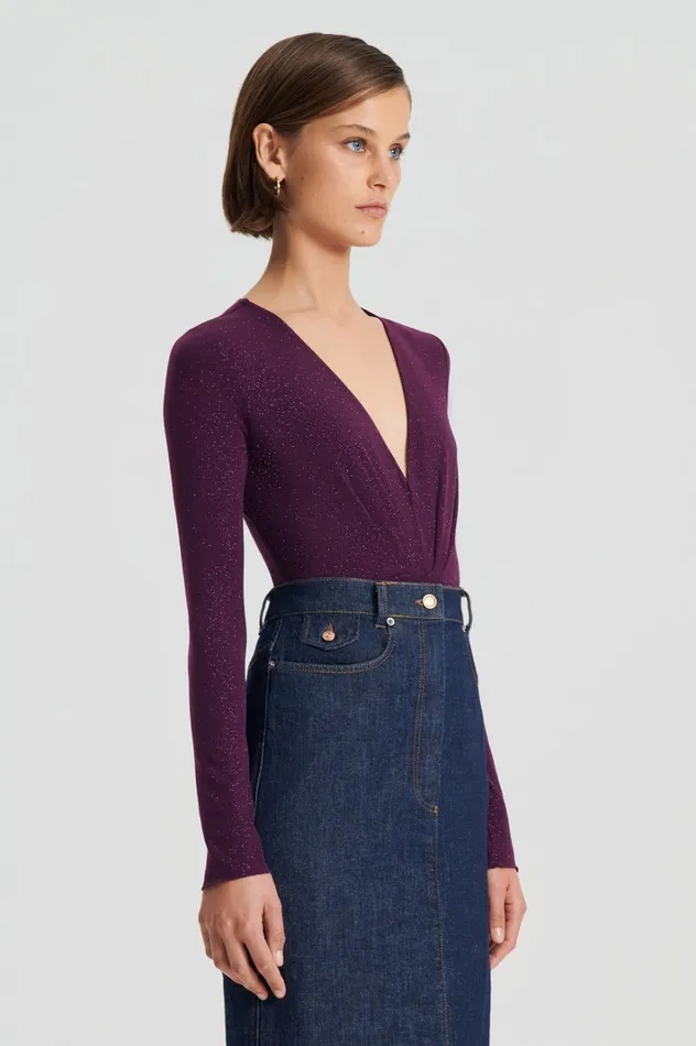 Women Scanlan Theodore Tops TINSEL DRAPE BODYSUIT Aubergine Women Scanlan Theodore Tops TINSEL DRAPE BODYSUIT Aubergine