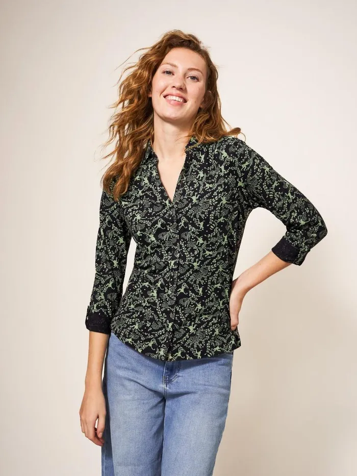 Women SHIRTS and BLOUSES White Stuff Annie Cotton Jersey Shirt Green Print Women SHIRTS and BLOUSES White Stuff Annie Cotton Jersey Shirt Green Print