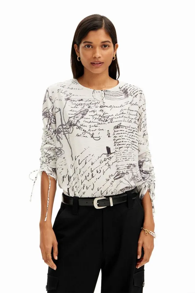 Women Shirts And Blouses Desigual Blouse With Adjustable Sleeves And Text Prints