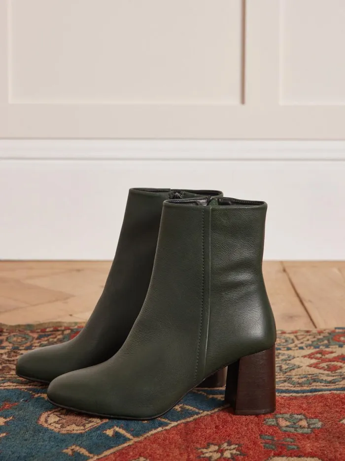 Women Shoes Cyrillus Leather Ankle Boots With Square Heel Vert Anglais