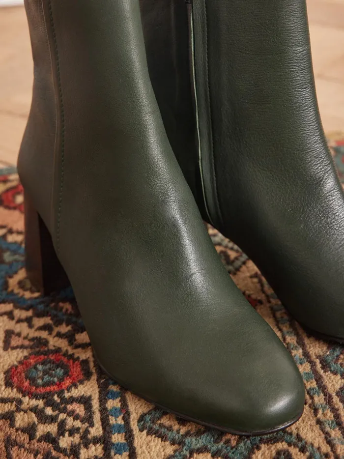 Women Shoes Cyrillus Leather Ankle Boots With Square Heel Vert Anglais