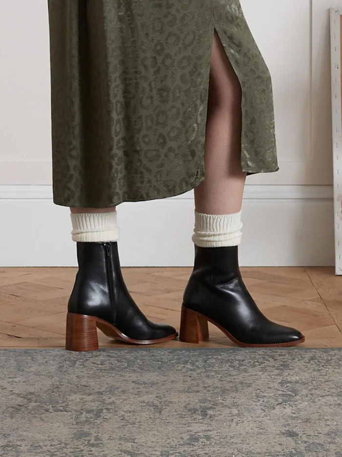 Women Shoes Cyrillus Leather Ankle Boots With Square Heel Vert Anglais