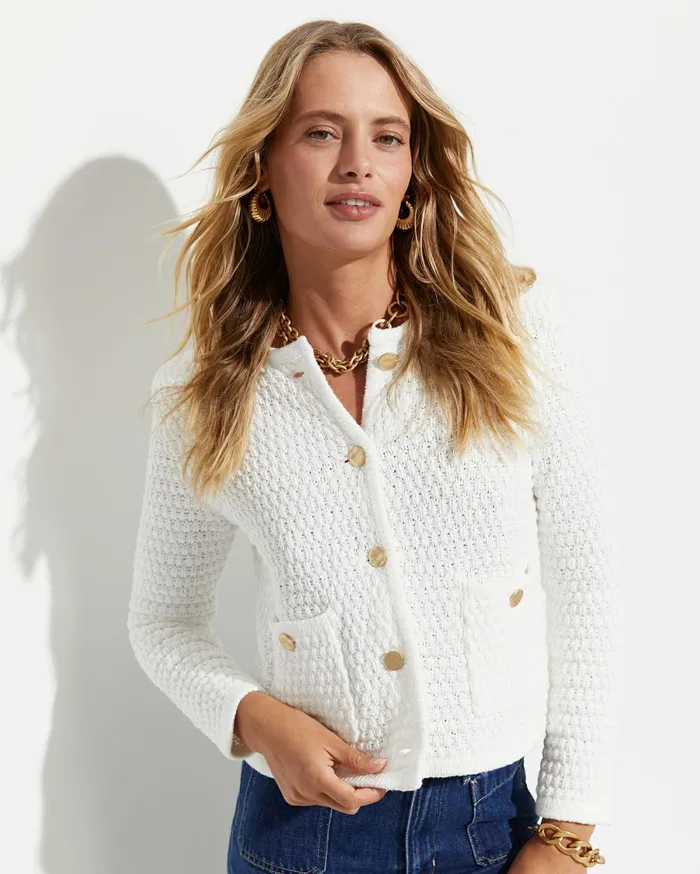 Women Sportscraft Knits and Cardigans Olivia Tape Yarn Cardigan Winter White