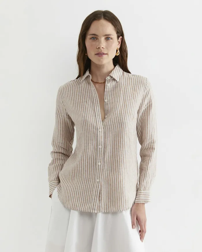 Women Sportscraft Shirts Dahlia Stripe Linen Shirt Tanwhite