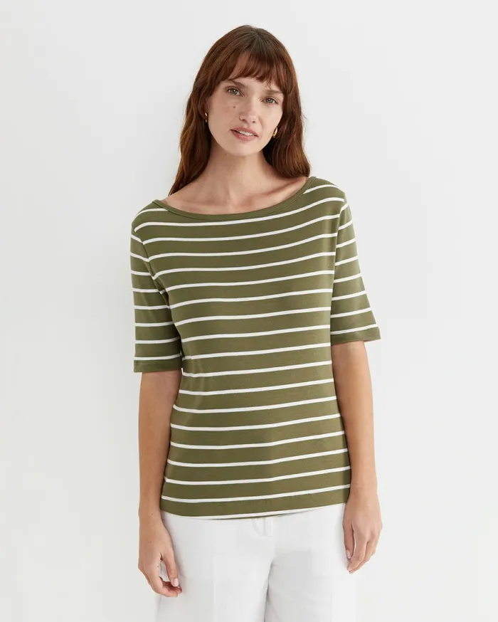 Women Sportscraft Tops and Tees Heidi Boat Neck Half Sleeve Tee Khakiwhite