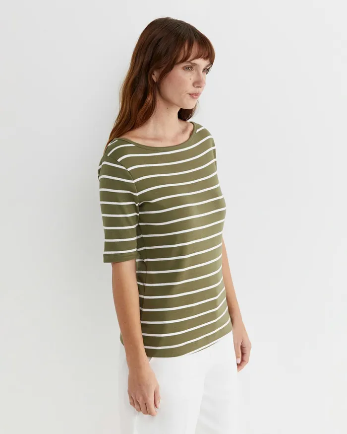 Women Sportscraft Tops and Tees Heidi Boat Neck Half Sleeve Tee Khakiwhite