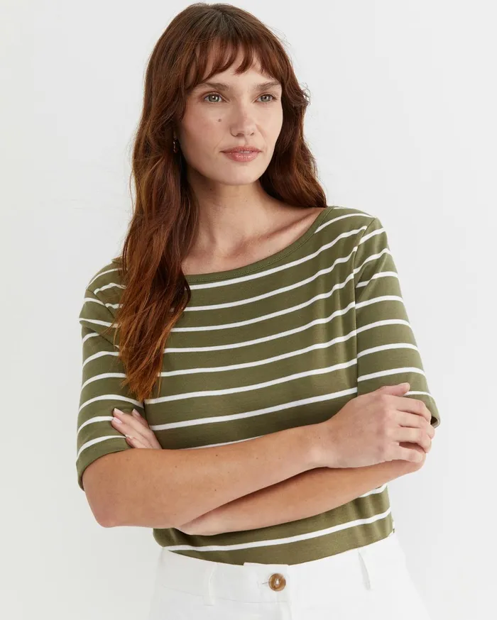 Women Sportscraft Tops and Tees Heidi Boat Neck Half Sleeve Tee Khakiwhite