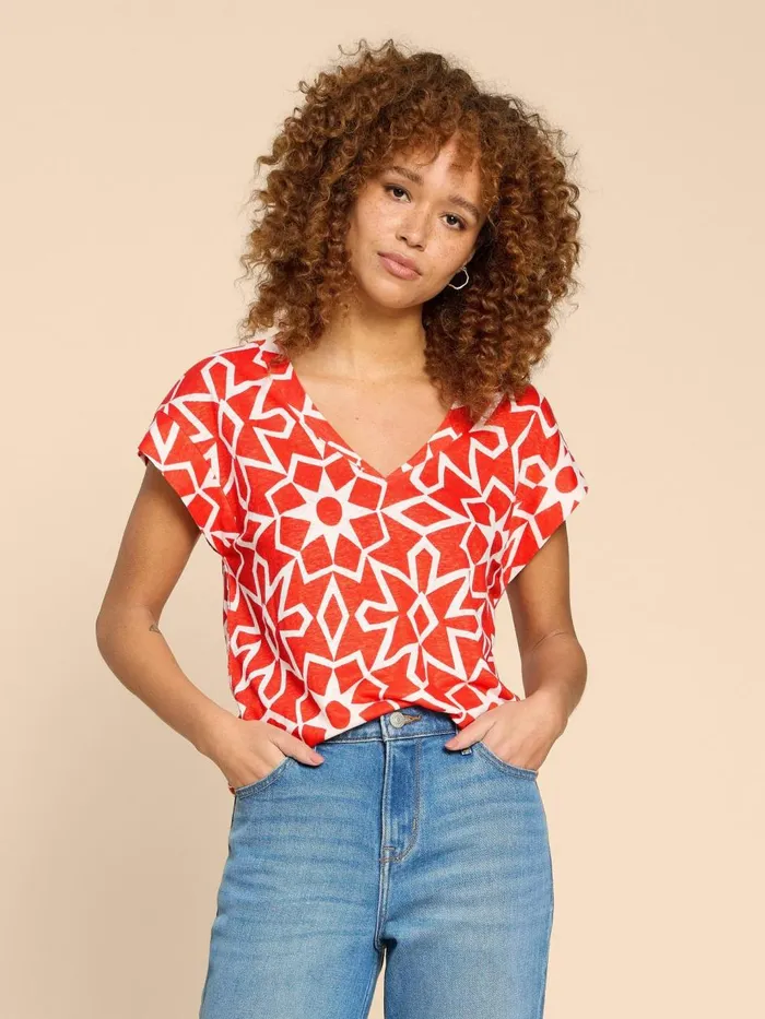 Women TOPS and TEES White Stuff IVY LINEN TEE Red Print Women TOPS and TEES White Stuff IVY LINEN TEE Red Print
