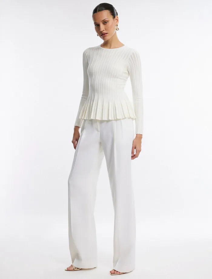 Women Tops BCBG White Long Sleeve Peplum Knit Top Gardenia