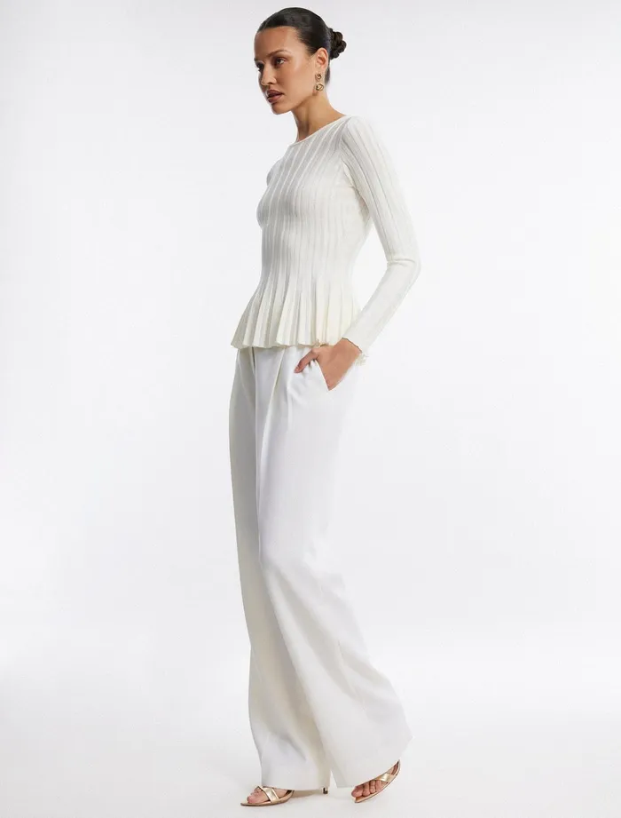 Women Tops BCBG White Long Sleeve Peplum Knit Top Gardenia
