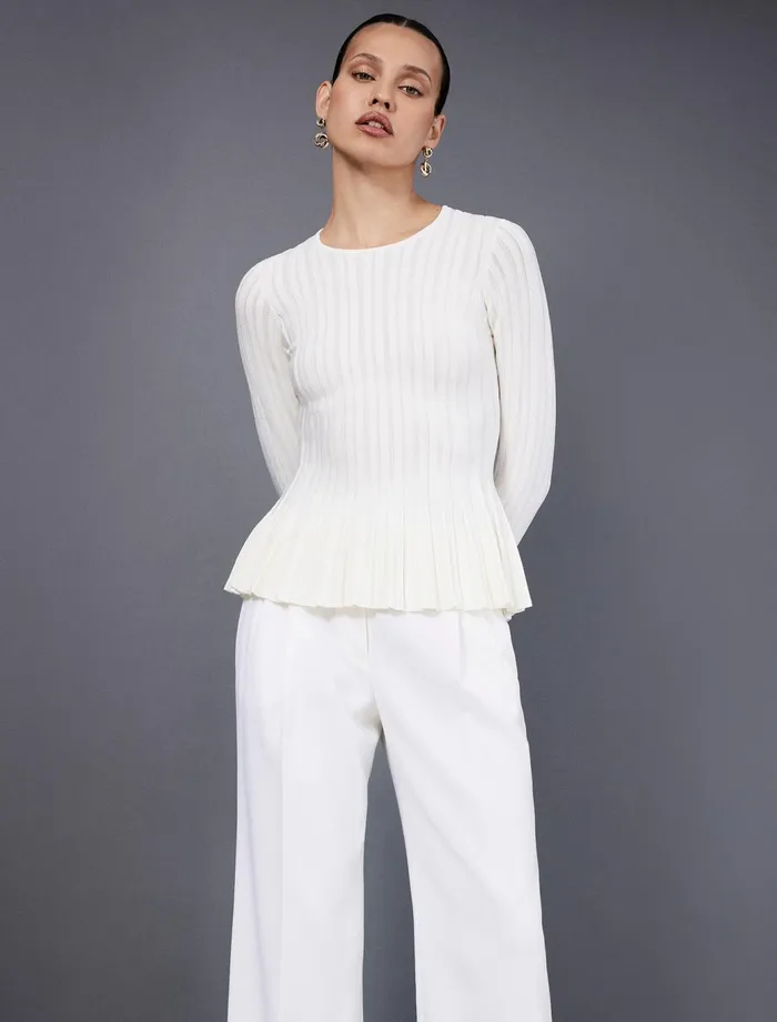 Women Tops BCBG White Long Sleeve Peplum Knit Top Gardenia