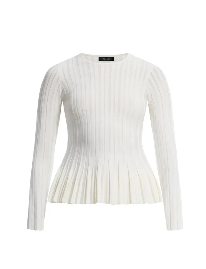 Women Tops BCBG White Long Sleeve Peplum Knit Top Gardenia
