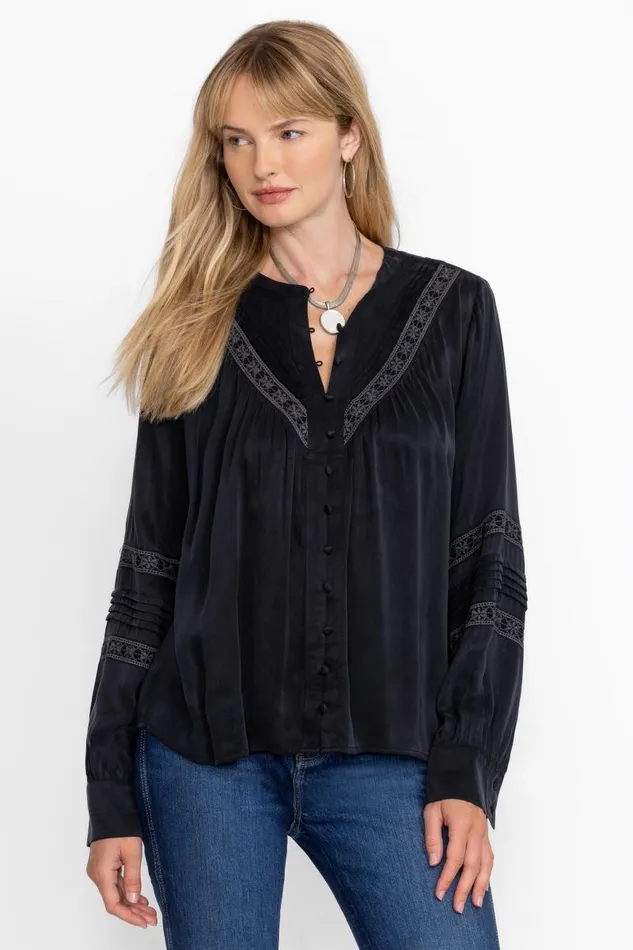 Women Tops Johnny Was PLEATED BUTTON DOWN TOP WITH SHIRRING Black Beauty