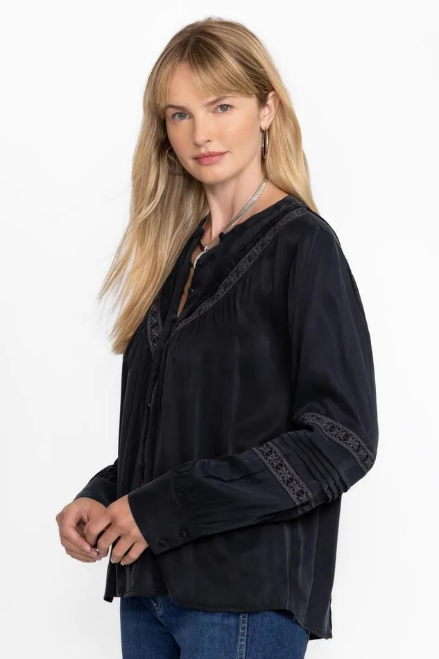 Women Tops Johnny Was PLEATED BUTTON DOWN TOP WITH SHIRRING Black Beauty Women Tops Johnny Was PLEATED BUTTON DOWN TOP WITH SHIRRING Black Beauty