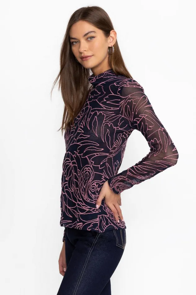 Women Tops Johnny Was REBECCA MESH MOCK NECK LONG SLEEVE TEE Sapphire Blue Women Tops Johnny Was REBECCA MESH MOCK NECK LONG SLEEVE TEE Sapphire Blue