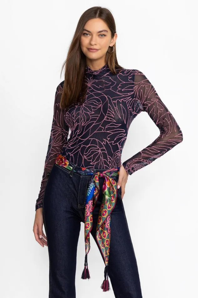 Women Tops Johnny Was REBECCA MESH MOCK NECK LONG SLEEVE TEE Sapphire Blue Women Tops Johnny Was REBECCA MESH MOCK NECK LONG SLEEVE TEE Sapphire Blue