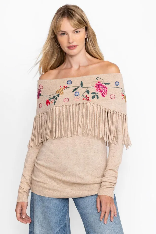 Women Tops Johnny Was THE COWL NECK FRINGE TUNIC Heather Ecru