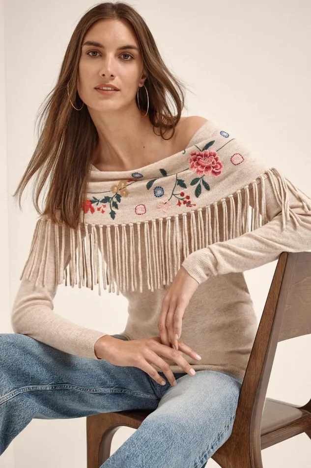 Women Tops Johnny Was THE COWL NECK FRINGE TUNIC Heather Ecru Women Tops Johnny Was THE COWL NECK FRINGE TUNIC Heather Ecru