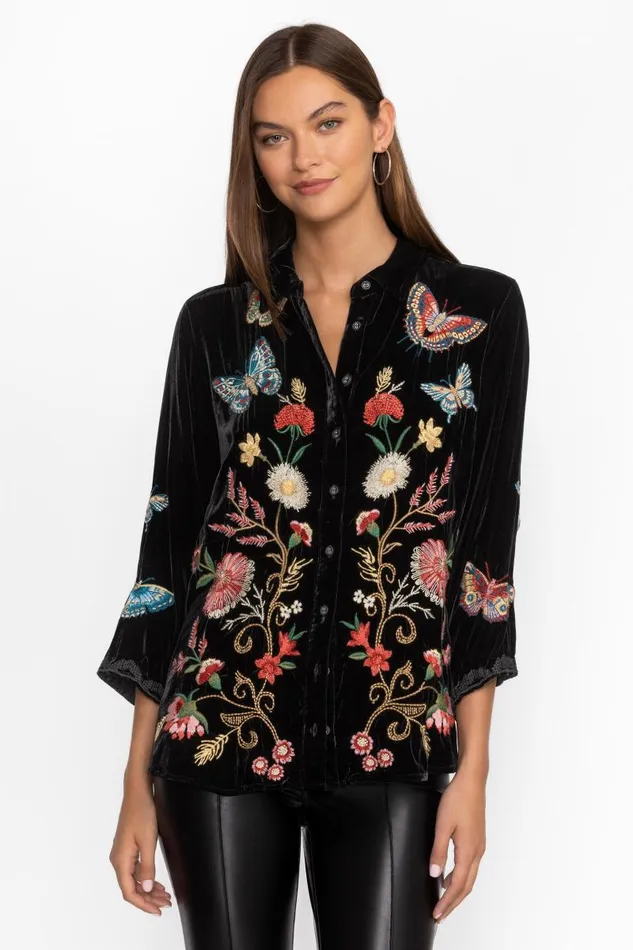 Women Tops Johnny Was VELVET KIMONO SLEEVE SHIRT Black
