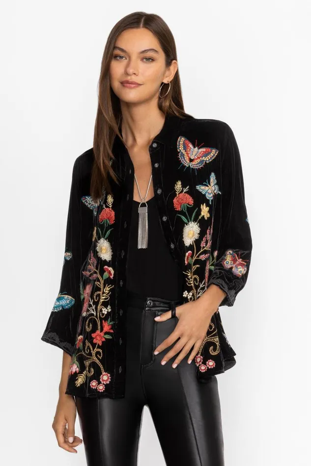 Women Tops Johnny Was VELVET KIMONO SLEEVE SHIRT Black Women Tops Johnny Was VELVET KIMONO SLEEVE SHIRT Black
