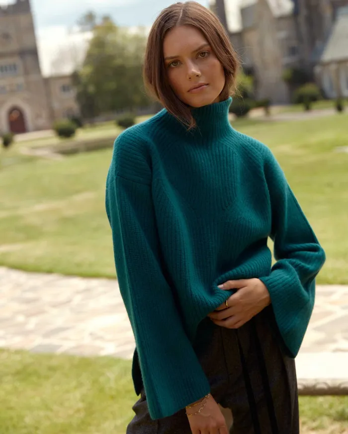 Women Transfer Rib Funnel Sweater Dark Teal Billy Reid Sweaters and Knits