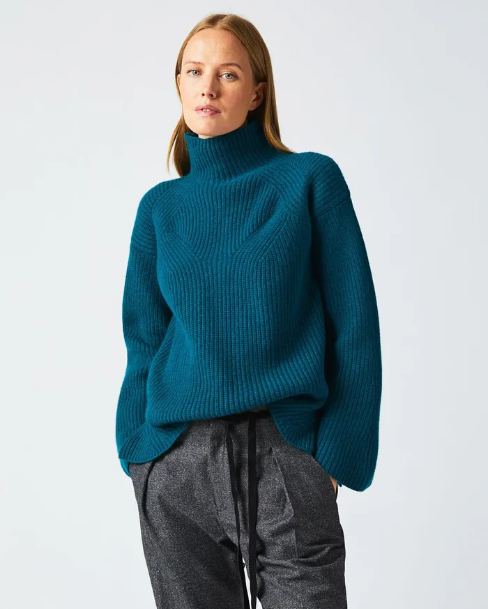 Women Transfer Rib Funnel Sweater Dark Teal Billy Reid Sweaters and Knits