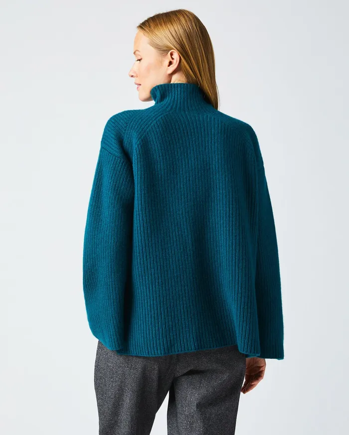 Women Transfer Rib Funnel Sweater Dark Teal Billy Reid Sweaters and Knits