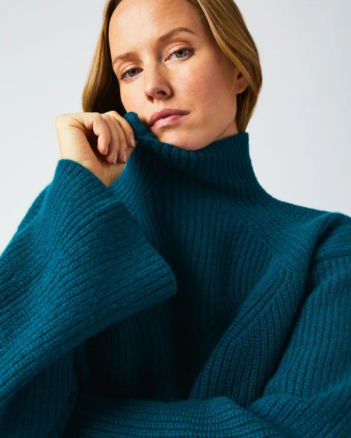 Women Transfer Rib Funnel Sweater Dark Teal Billy Reid Sweaters and Knits