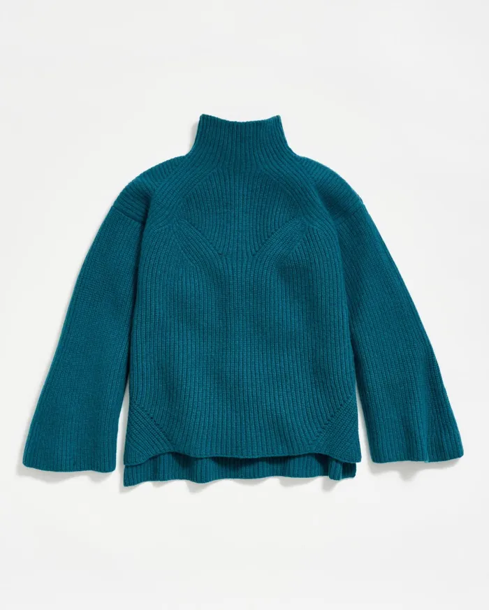 Women Transfer Rib Funnel Sweater Dark Teal Billy Reid Sweaters and Knits