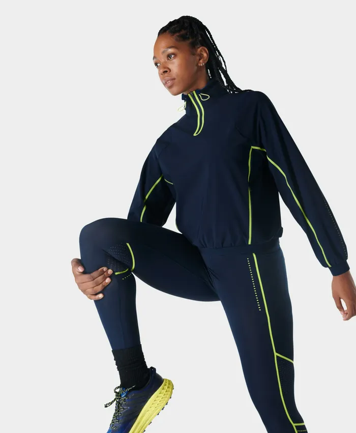 Women Zero Gravity Run Zip Through Long Sleeve Top Navy Blue Jumpers Hoodies Sweaty Betty