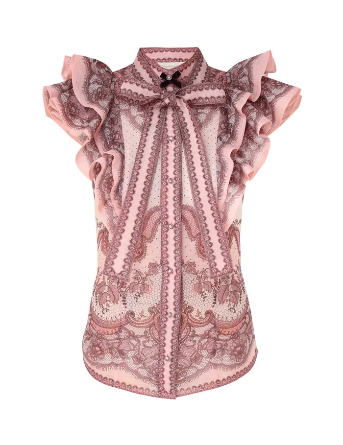 Women Zimmermann Clothing Crush Frilled Fitted Blouse Pink Lace Print