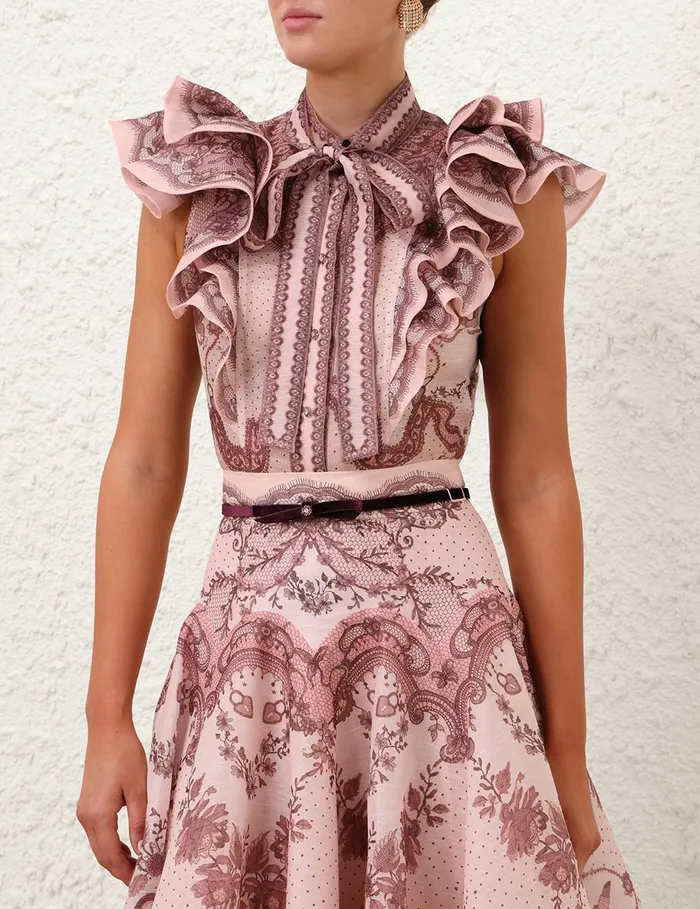 Women Zimmermann Clothing Crush Frilled Fitted Blouse Pink Lace Print